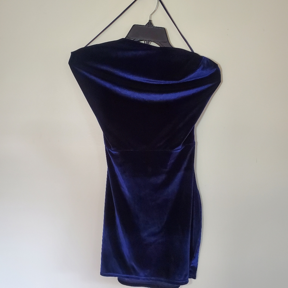 Lucy In The Sky Blue Velvet Mini Dress Lace Up Tulip Dress In Midnight Size Med - Picture 9 of 9